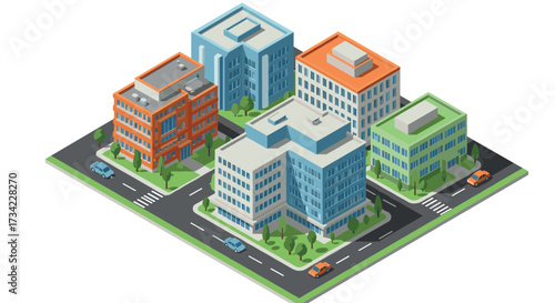 Modern isometric urban cityscape with colorful buildings and streets
