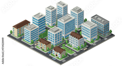 Isometric cityscape with modern buildings and green spaces