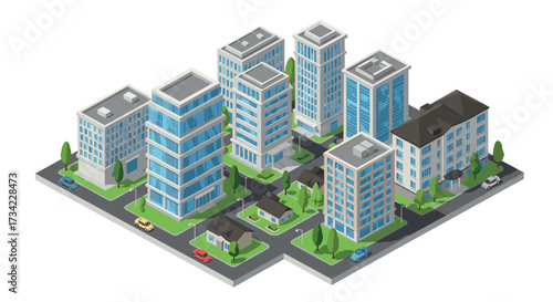 Modern isometric cityscape with buildings and parked cars