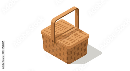 Isometric picnic basket with woven texture on white background