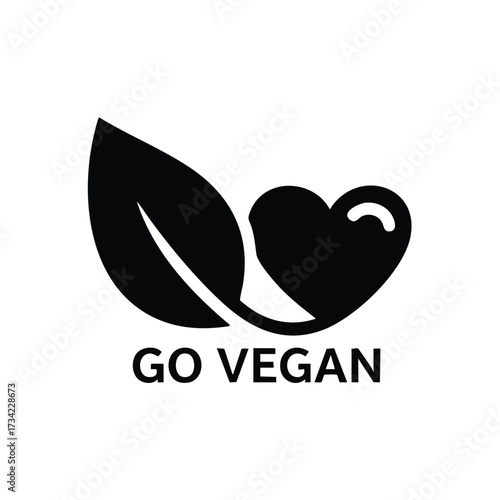 Minimalist black and white design featuring a leaf and heart with the message GO VEGAN emphasizing plant-based lifestyle
