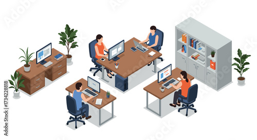 Isometric office scene with employees working at desks and computers