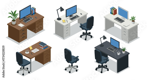 Isometric office desks and chairs set with computers and accessories