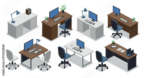 Modern isometric office desk setups with chairs, plants, and computers