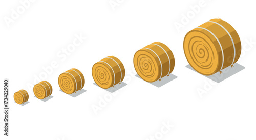 Isometric hay bales progression on white background growth and agriculture