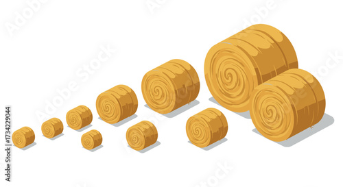 Isometric hay bales collection on white background for agricultural design