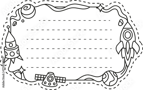 Space rocket and satellite kids memo note frame. Kids diary vector page, children To Do list memo note frame. Child scrapbook outline template or schedule checklist with spaceship flying in galaxy