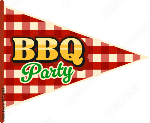 Barbeque party flag, butchery store retro Y2K sticker or label. Steak gourmet meal vintage Y2K vector tag, butchery market patch. Meat barbeque grill sticker with picnic party checkered pennant flag