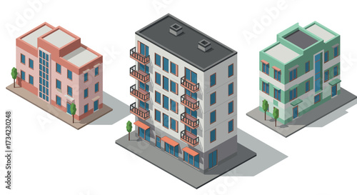 Colorful isometric buildings with trees and shadows