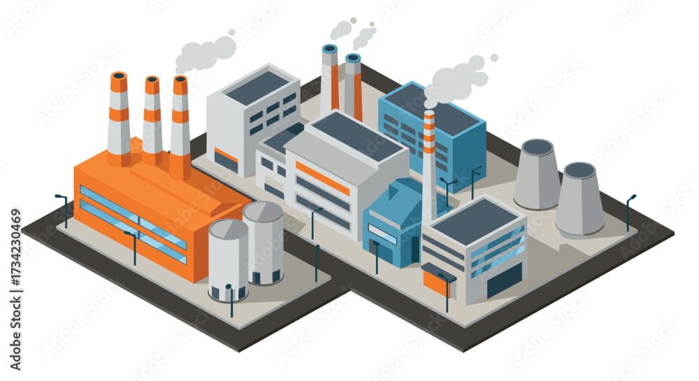 Obraz premium Modern industrial plant isometric design with smokestacks and buildings