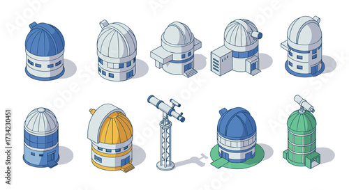 Isometric observatory domes and telescopes set with modern designs