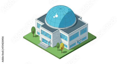 Futuristic isometric observatory building with geodesic dome on green landscape