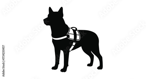A black dog wearing a saddlebag standing in profile silhouette