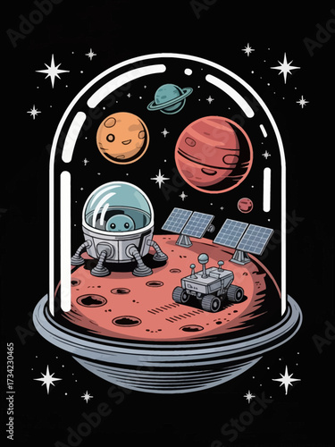 A glass dome floats in deep space, containing a Chibi-style Martian colony with small habitation pods, solar panels and a small rover leaving tracks.
