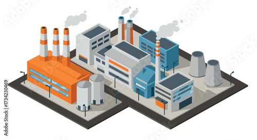 Modern industrial plant isometric design with smokestacks and buildings
