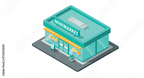 Isometric mini market building with shopping cart and signboard