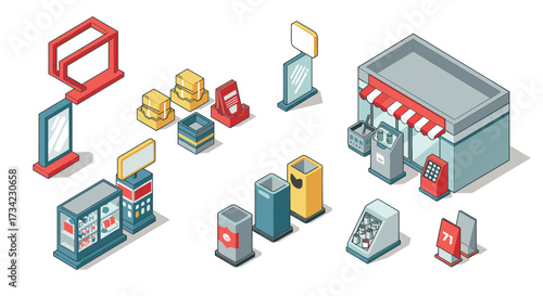Isometric convenience store elements with shop and kiosk accessories