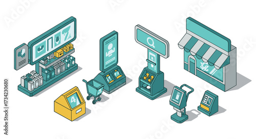 Isometric smart retail technology with digital kiosk and automated checkout
