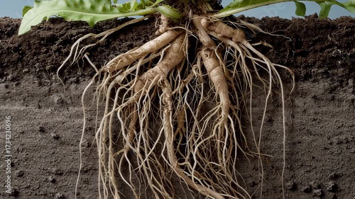 Root system concept ,Dandelion root taproot and fibrous lateral roots soil cross section showing underground root system
