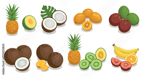 Tropical fruits collection in isometric style featuring pineapple, coconut, kiwi, and more