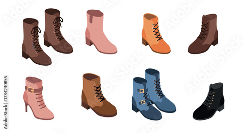 Stylish isometric ankle boots collection in various colors and designs
