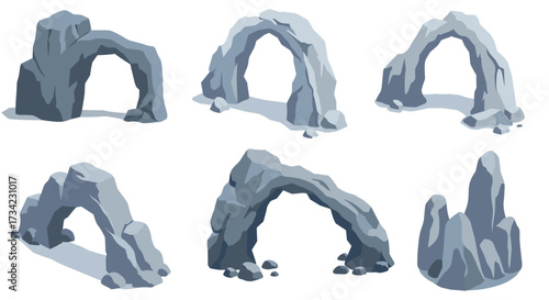 Set of rocky arches and formations on white background in flat style