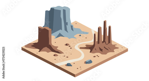 Isometric desert landscape with rocky formations and sandy terrain