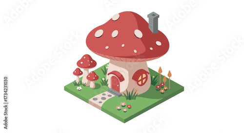 Isometric mushroom house on grass with flowers and pathway