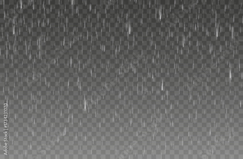 Rain effect with white falling raindrops. Realistic vector rainfall shower texture, water overlay with natural, dynamic atmosphere. Raindrops, storm, downpour, hail rainy autumn weather forecast