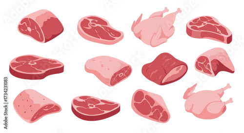 Various cuts of meat and poultry in flat style for food design and culinary projects