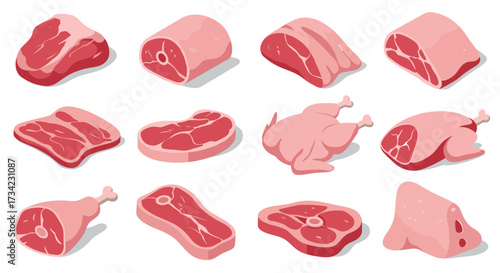 Isometric meat cuts collection beef, pork, chicken, lamb variety set