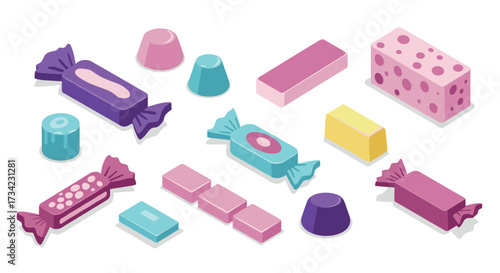 Assorted colorful candy bars and sweets in isometric style