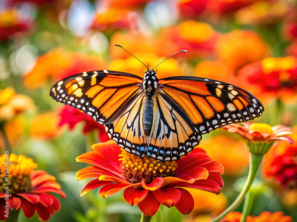 Fototapeta premium Monarch butterfly resting on a vibrant orange and red zinnia flower