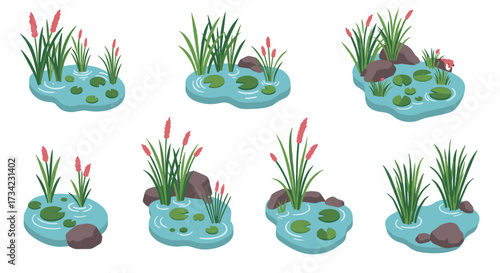 Tranquil aquatic scenes: isometric water features with lilies and reeds