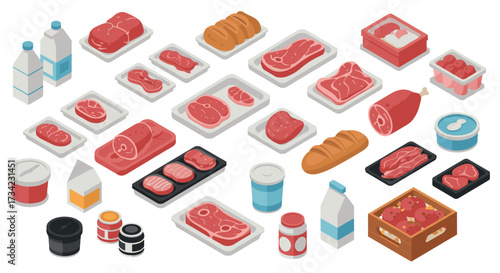 Assorted grocery products in isometric style showcasing meat, dairy, and bread items