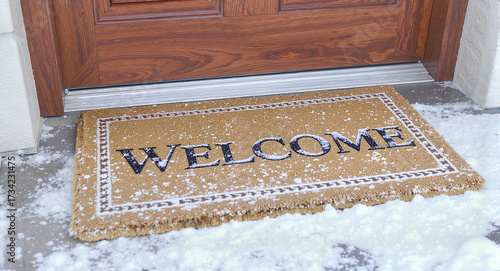 Welcome mat in rustic style in beige and white with snowflakes what it represents for home entryway with copy space