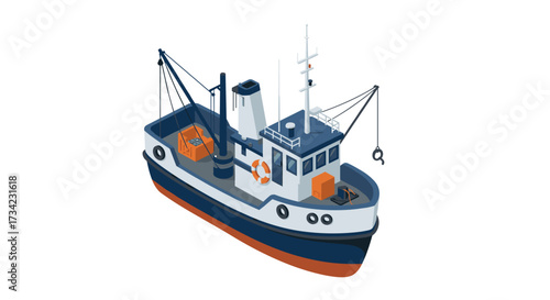 Isometric fishing boat with nets and crates in oceanic colors