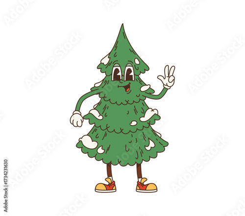 Cartoon groovy Christmas tree character with a cheerful face. Green pine decorated with snow patches, wearing red sneakers and gloves, and making a peace sign gesture, spreading cheer y2k hippie vibes
