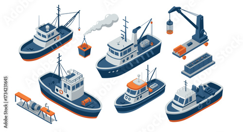 Isometric fishing boats and equipment set with industrial maritime elements