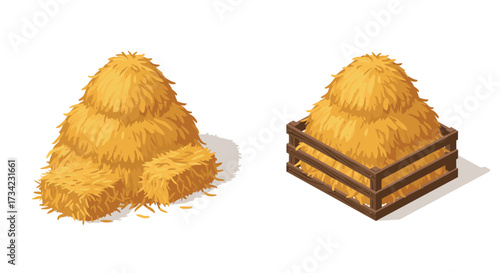Isometric haystacks and bales with wooden fence on white background