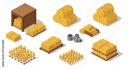 Isometric hay bales and farming tools on white background