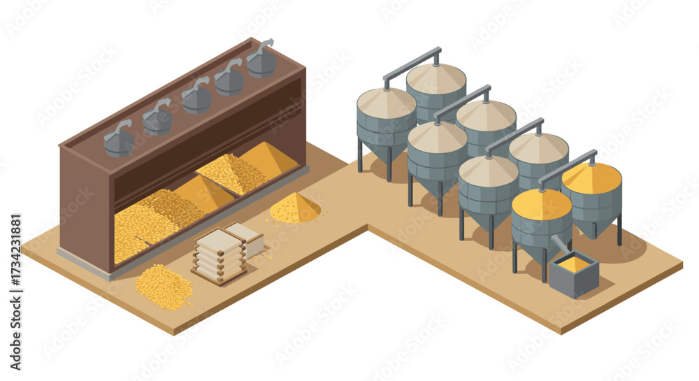 Obraz premium Isometric grain processing factory with silos and storage containers