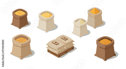 Isometric grain and flour bags set on white background