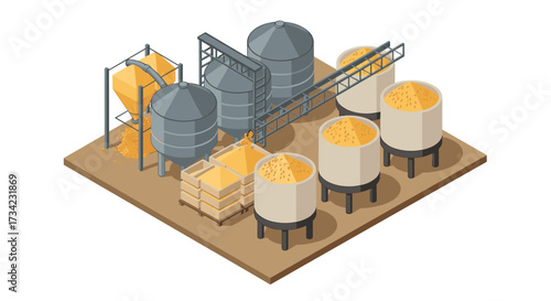 Isometric grain storage facility with silos and conveyor system