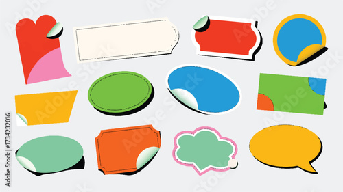 A collection of 9 colorful paper stickers and labels with curved edges and shadows, arranged on a white background