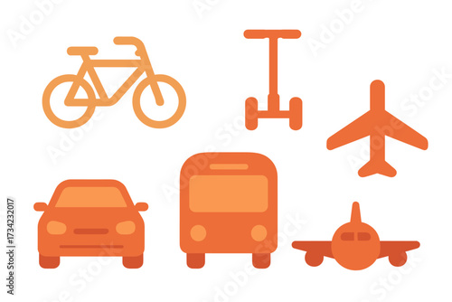 Collection of transportation icons for travel and commute: bicycle, car, bus, airplane, personal mobility device