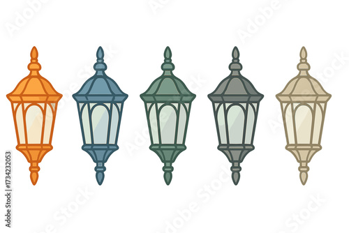 Set of classic ornamental outdoor light fixtures in different hues for architectural design elements