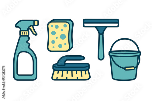 Comprehensive collection of essential household cleaning supplies and equipment for domestic chores and maintenance tasks