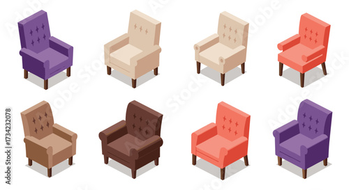 Colorful isometric armchairs set with various designs and colors for interior design