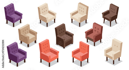 Isometric armchairs in various colors and styles on white background